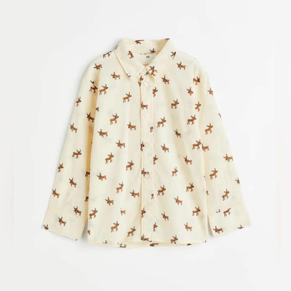H&M Boys Holiday Reindeer Print Long Sleeve Button Down Shirt